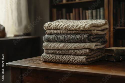 Stack of Knitted Sweaters in Neutral Tones - Cozy and Stylish Winter Wear photo