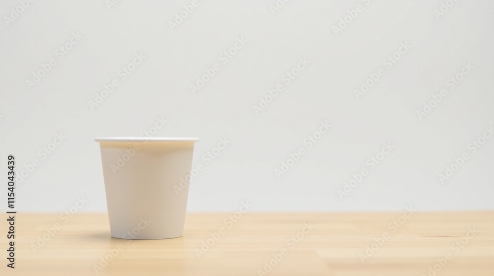 A single, empty white paper cup sits on a light wood surface against a plain white background, ready for your beverage. A single, empty white paper cup sits on a light wood surface against a plain white background, ready for your beverage.