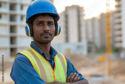 Construction Worker Safety Helmet Earmuffs Building Site Portrait photo