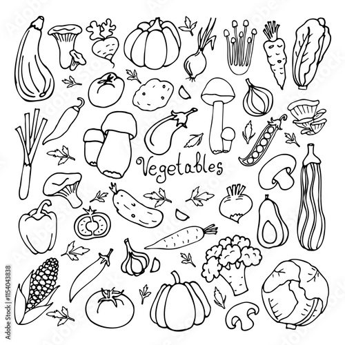 set of black and white doodle drawings of vegetables, hand drawn in cartoon style on a white background.