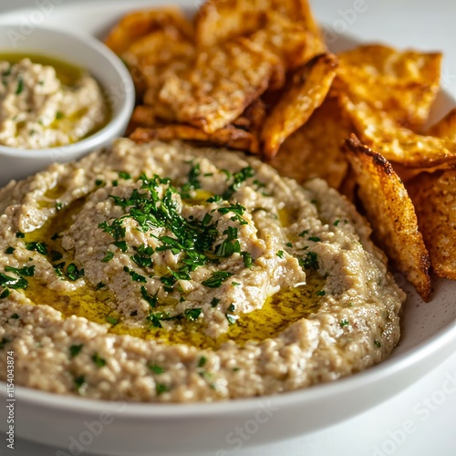 Delicious Homemade Hummus Served With Crispy Pita Chips and Drizzled With Olive Oil, Perfect for a Light Snack or Appetizer at Any Gathering photo