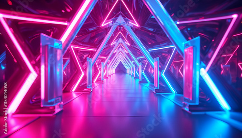 Futuristic neon-lit tunnel with geometric glowing triangles