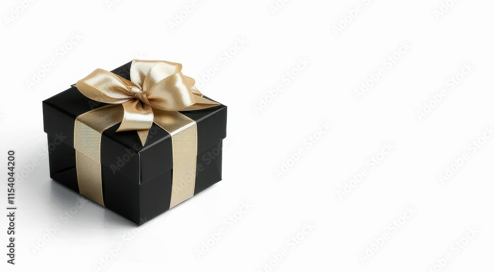 Black box with a gold ribbon and a bow, space for text Black box with a gold ribbon and a bow, space for text