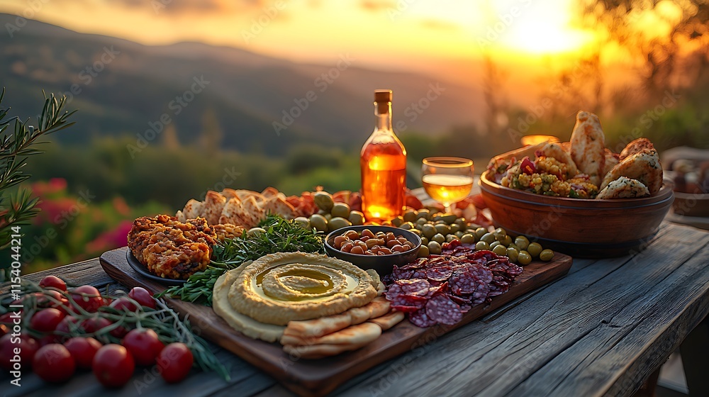 Fototapeta premium Sunset Appetizer Board With Wine And Scenic View
