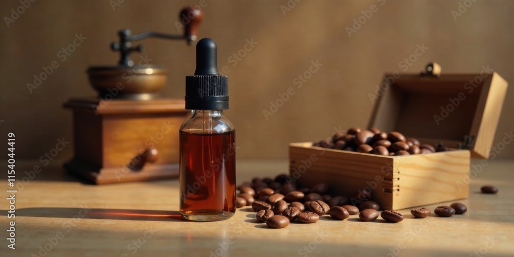 Aromatic Coffee Essence in Glass Bottle with Coffee Beans and Vintage Grinder Aromatic Coffee Essence in Glass Bottle with Coffee Beans and Vintage Grinder