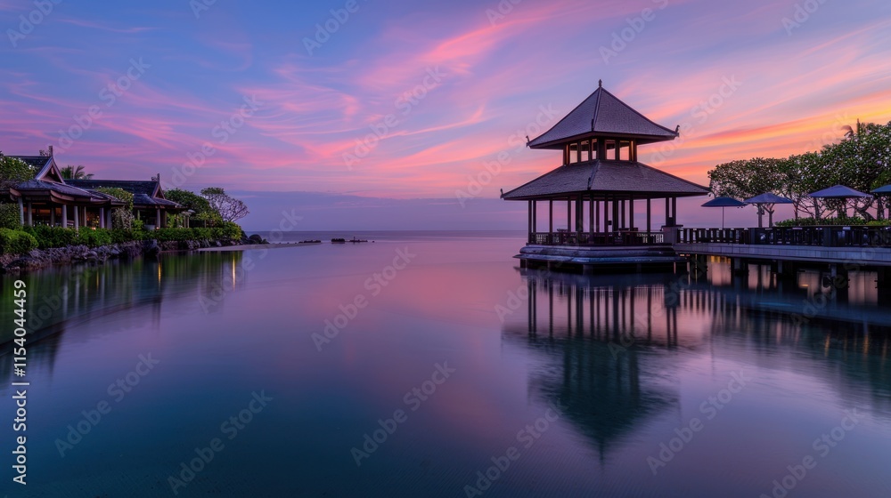 Fototapeta premium Serene sunset over calm water with pavilion.