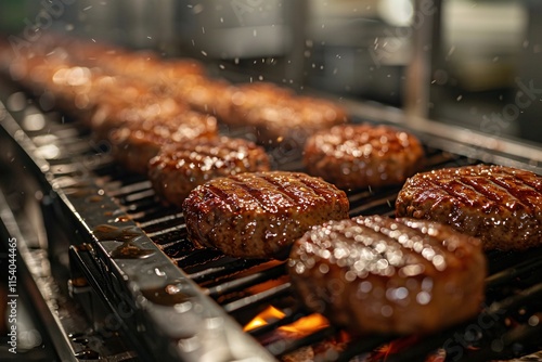A row of freshly grilled burgers glistens with juices as they cook over an open flame. The vibrant atmosphere captures the excitement of a bustling evening cookout at a popular restaurant.