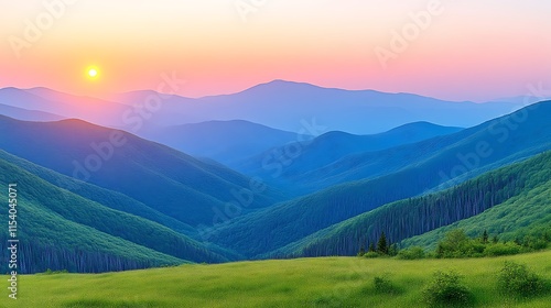 Sunset over rolling green hills and blue mountains.