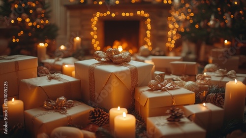 cozy christmas atmosphere with gifts and candles