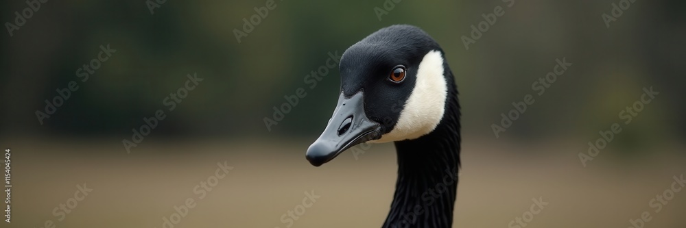 A Canadian goose portrait showcases its distinctive black head and neck with a white cheek patch and intelligent brown eyes staring into the distance