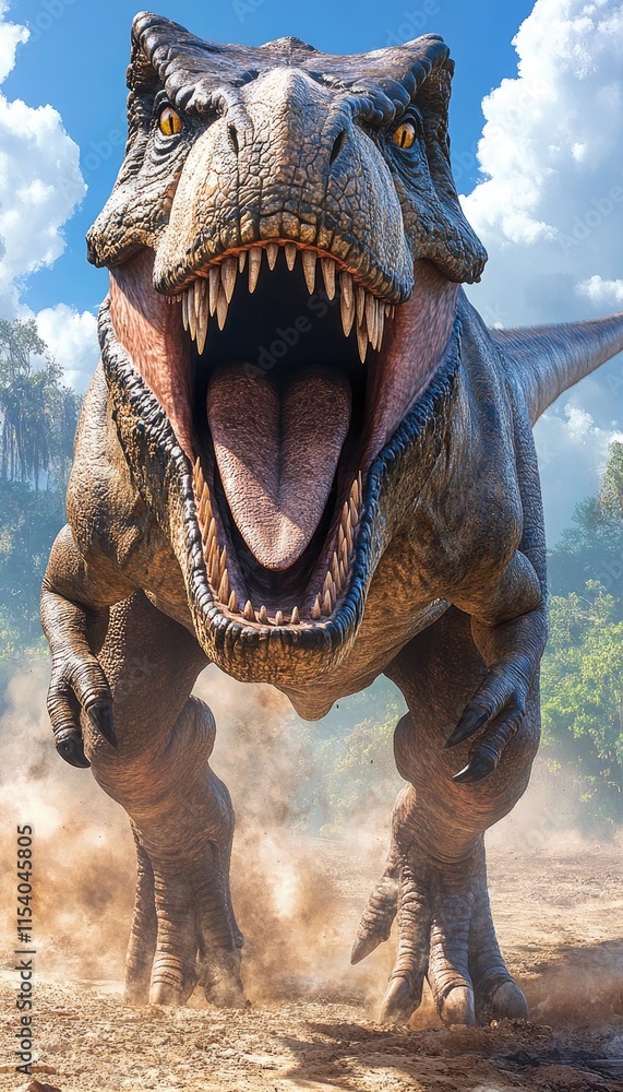 Naklejka premium A roaring dinosaur in a prehistoric landscape, showcasing its power and ferocity.