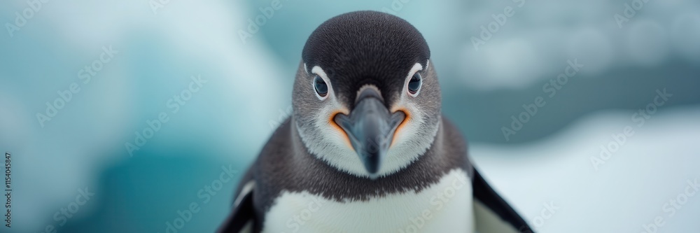 Naklejka premium A curious gentoo penguin stares directly at the camera with its distinctive orange beak and captivating dark eyes against a blurred icy backdrop