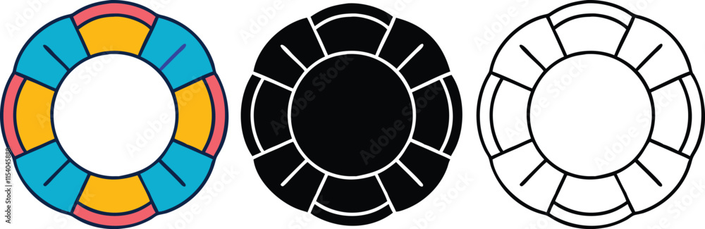 Life Preserver Icons Colorful, Black, and Outline Designs Life Preserver Icons Colorful, Black, and Outline Designs