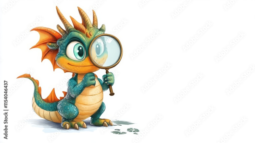 A colorful dragon character examining footprints with a magnifying glass. A colorful dragon character examining footprints with a magnifying glass.