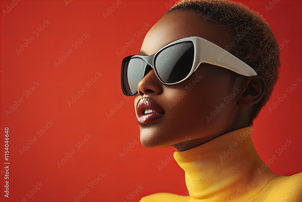 Elegant african female in sunglasses against red background Elegant african female in sunglasses against red background