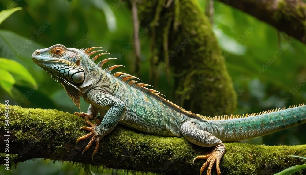 Fototapeta premium A striking iguana with vibrant green and orange hues basking on a moss-covered branch in the heart of the jungle, perfect for nature and wildlife lovers