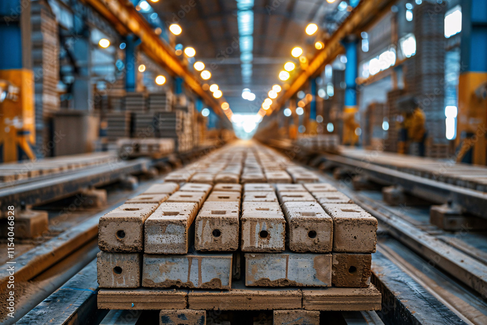 Fototapeta premium Rows of concrete blocks are aligned on tracks in a construction yard, illuminated by warm overhead lights in the evening. Workers can be seen in the background, engaging in various activities.