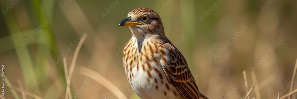 A Striking Close-Up of a Brown and White Bird with Distinctive Yellow Eyes and Black Beak Perched Amongst Dry Grass Under the Warm Sunlight A Striking Close-Up of a Brown and White Bird with Distinctive Yellow Eyes and Black Beak Perched Amongst Dry Grass Under the Warm Sunlight