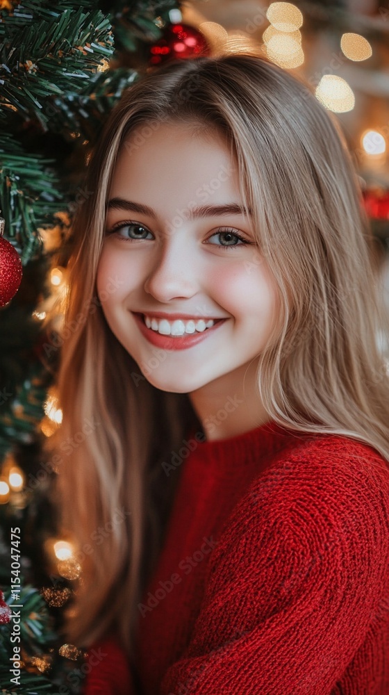 Festive holiday portrait with warm bokeh lights and Christmas tree decorations creating magical atmosphere, featuring red sweater and genuine smile in soft lighting Festive holiday portrait with warm bokeh lights and Christmas tree decorations creating magical atmosphere, featuring red sweater and genuine smile in soft lighting