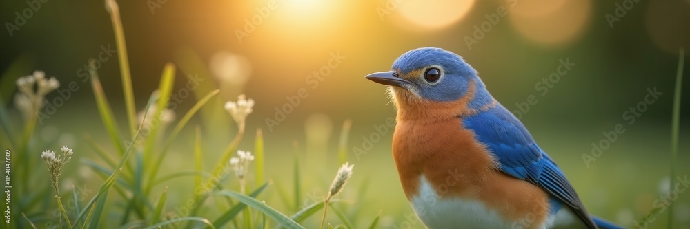 Eastern Bluebird basks in the golden hues of the setting sun amidst tall green grass and delicate wildflowers creating a picturesque scene of serenity Eastern Bluebird basks in the golden hues of the setting sun amidst tall green grass and delicate wildflowers creating a picturesque scene of serenity