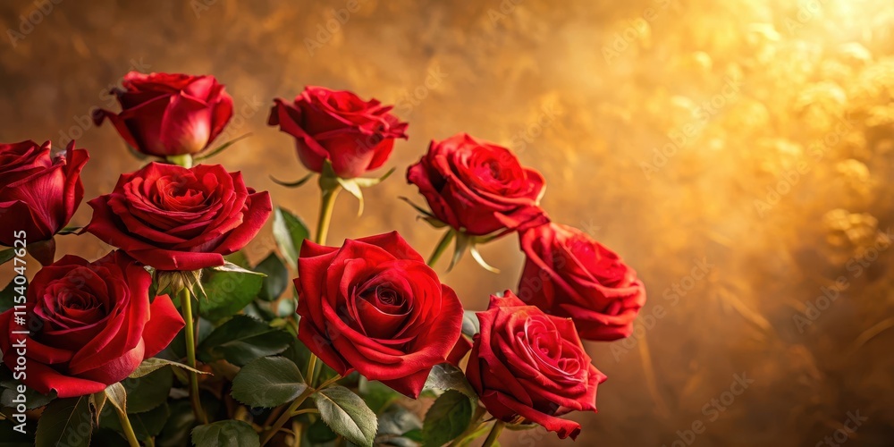 Obraz premium Luxuriant red roses against a warm beige wall, with soft golden light illuminating the elegant blooms, wallpaper