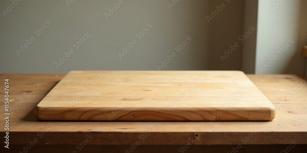 A simple wooden board rests on a rustic table against a muted background, offering a minimalist display space for various purposes. A simple wooden board rests on a rustic table against a muted background, offering a minimalist display space for various purposes.