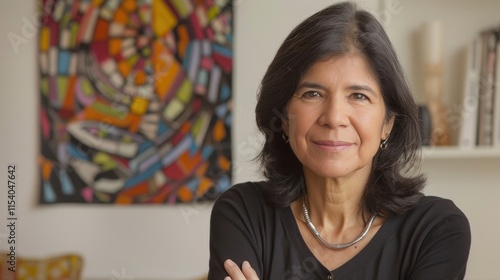 Portrait of a confident middle-aged woman with arms crossed, smiling gently at the camera, in a home setting with colorful abstract art in the background. photo