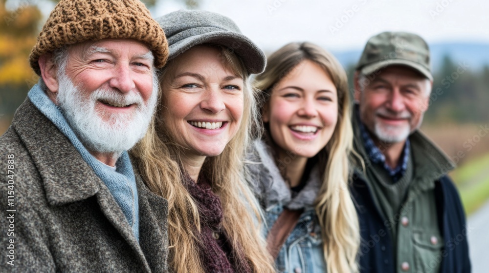 Group of Smiling Seniors and Young Woman Posing Outdoors in Nature with Warm Clothing and Happy Expressions, Embracing Community and Connection Group of Smiling Seniors and Young Woman Posing Outdoors in Nature with Warm Clothing and Happy Expressions, Embracing Community and Connection