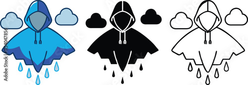 Hooded Rain Poncho Icon Blue, Black, and White Variations