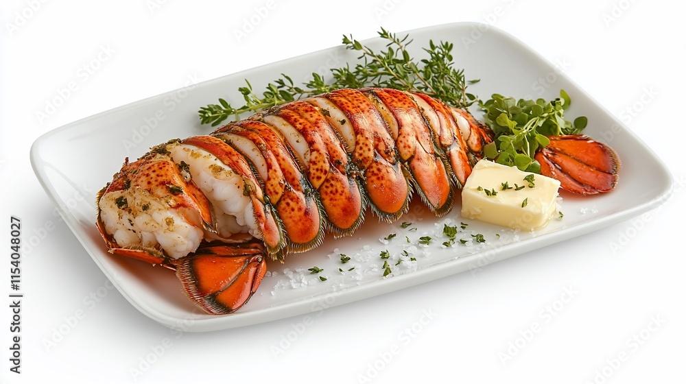 Grilled lobster tail with herbs and butter on a white plate. Grilled lobster tail with herbs and butter on a white plate.