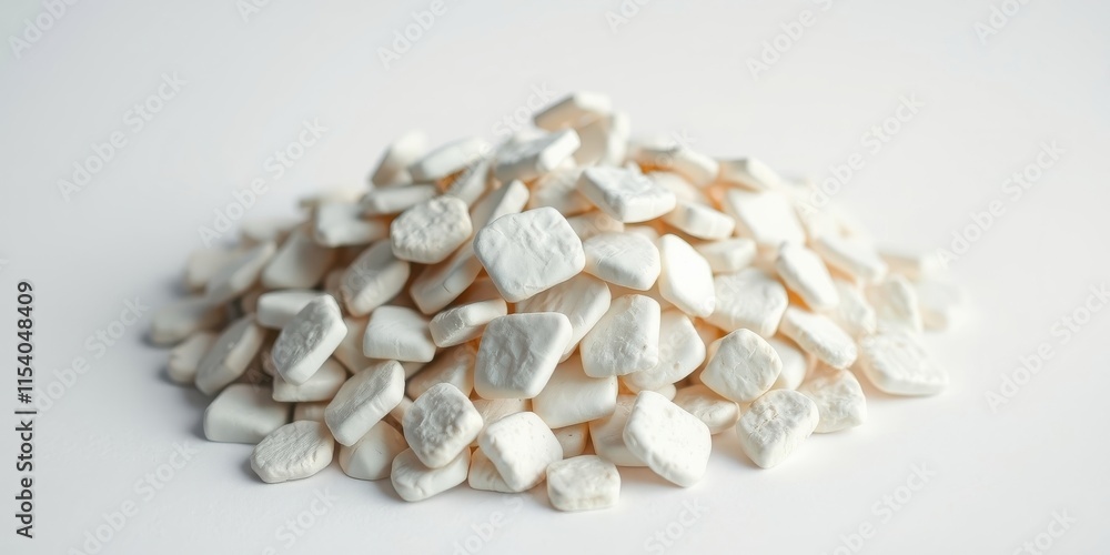 A mound of small, square, off-white confectionery items A mound of small, square, off-white confectionery items