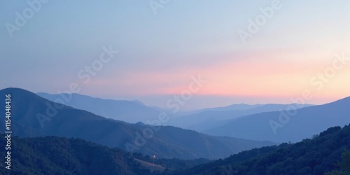 Serene Sunset Hues Over Rolling Mountain Ranges, Painted in Soft Pastel Shades of Pink and Blue at Twilight