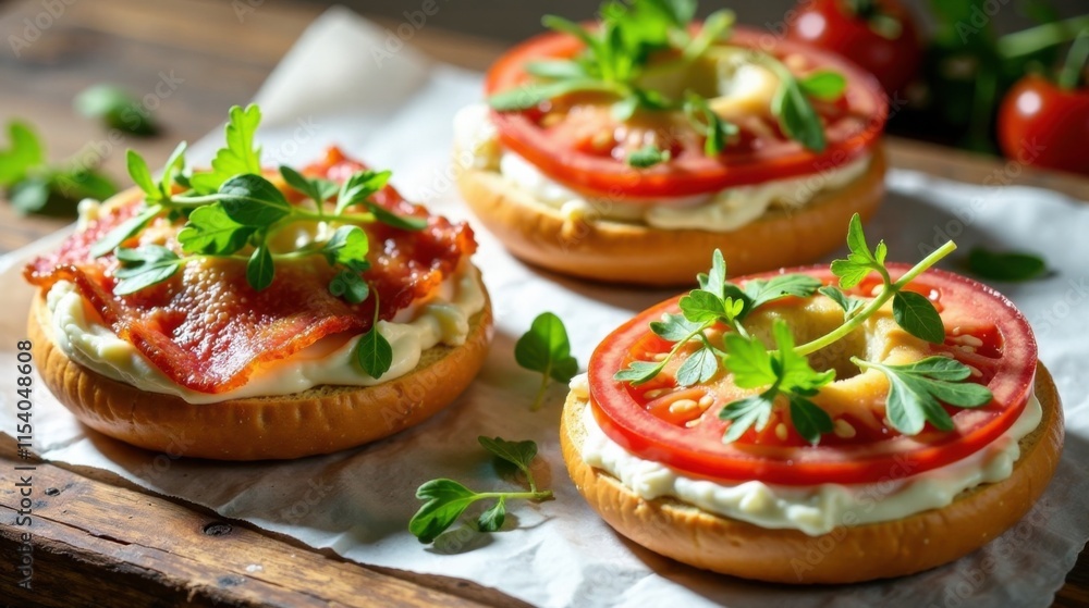 Delectable breakfast bagels topped with creamy spread, savory bacon, and vibrant tomato slices, garnished with fresh herbs on a rustic wooden surface Delectable breakfast bagels topped with creamy spread, savory bacon, and vibrant tomato slices, garnished with fresh herbs on a rustic wooden surface