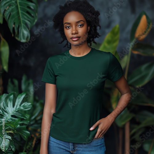 Womans Emerald Green TShirt Fashion Tropical Plants Background