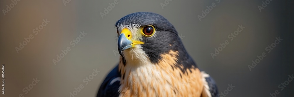 Obraz premium Portrait of a Peregrine Falcon with striking yellow eye ring and intense gaze capturing its regal and predatory nature in a close up shot