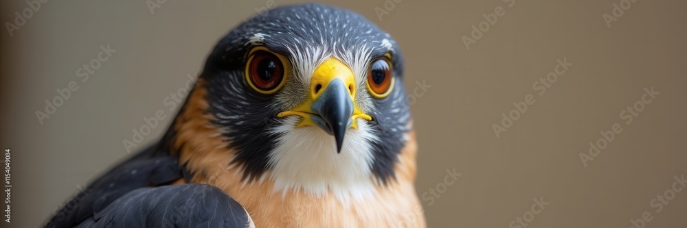 Fototapeta premium A Sharp Focus on a Peregrine Falcon's Intense Gaze Revealing a Majestic Bird of Prey with Striking Colors and a Determined Look in its Amber Eyes