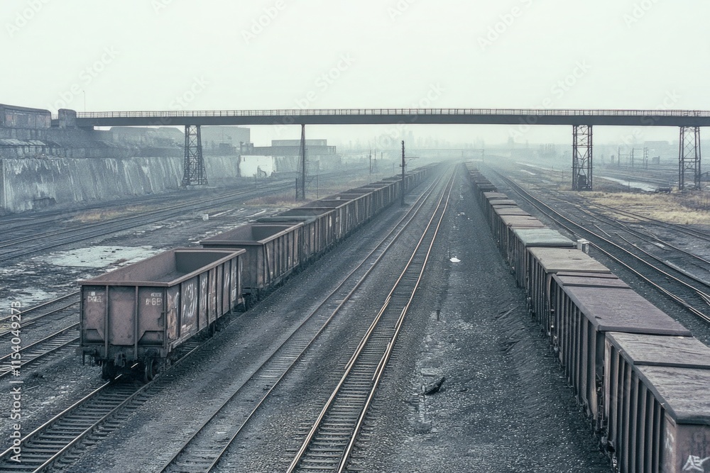 Naklejka premium Industrial Railroad Tracks with Freight Cars Under a Bridge in a Misty Day. A Majestic View of a Busy Transportation Hub. A Long Perspective of Railway Infrastructure. 