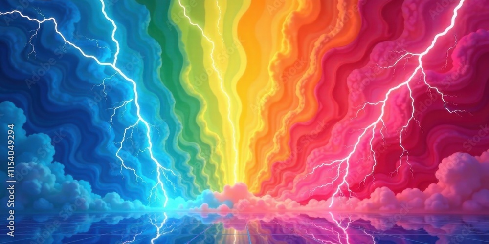 Obraz premium Vibrant Rainbow Cloudscape with Electrifying Lightning Bolts Reflecting on a Serene Waterscape