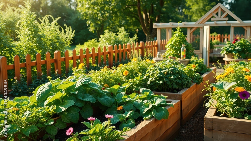 Obraz premium A sunlit garden scene with raised wooden planters filled with thriving plants and flowers, bordered by a wooden fence and a charming greenhouse structure in the background.