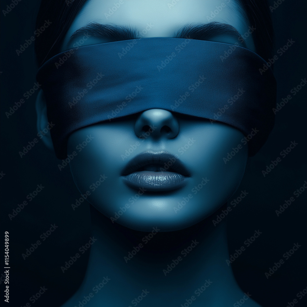 Closeup of a womans face, eyes covered by a dark blue blindfold. Dramatic lighting and smooth skin highlight her lips and features, creating a mysterious and elegant portrait. Closeup of a womans face, eyes covered by a dark blue blindfold. Dramatic lighting and smooth skin highlight her lips and features, creating a mysterious and elegant portrait.