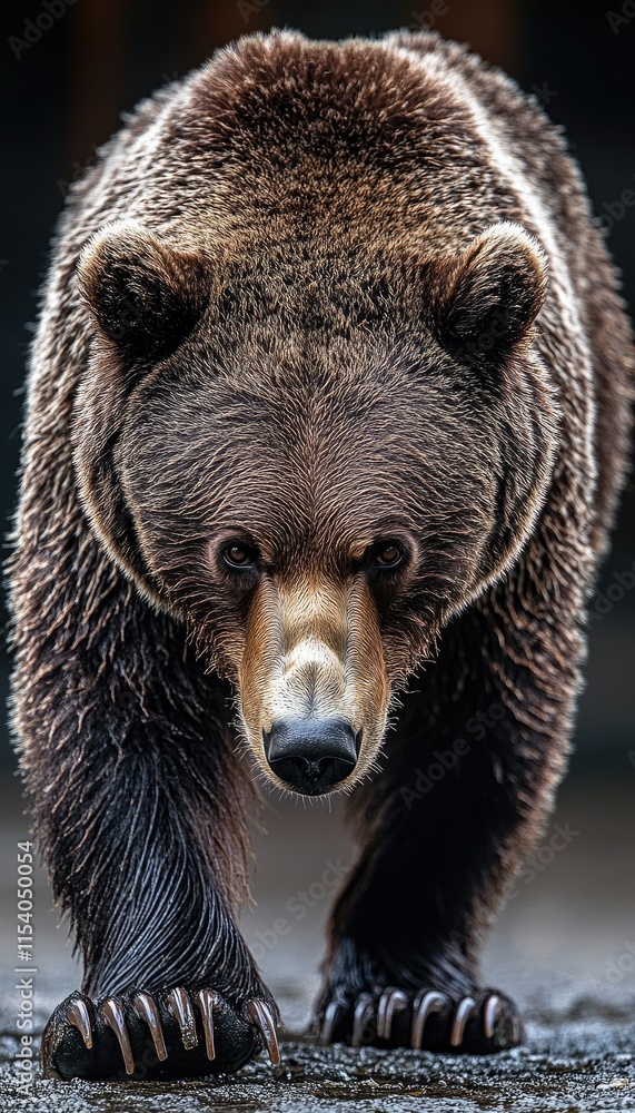 Obraz premium A close-up of a bear approaching, showcasing its powerful build and detailed fur texture.