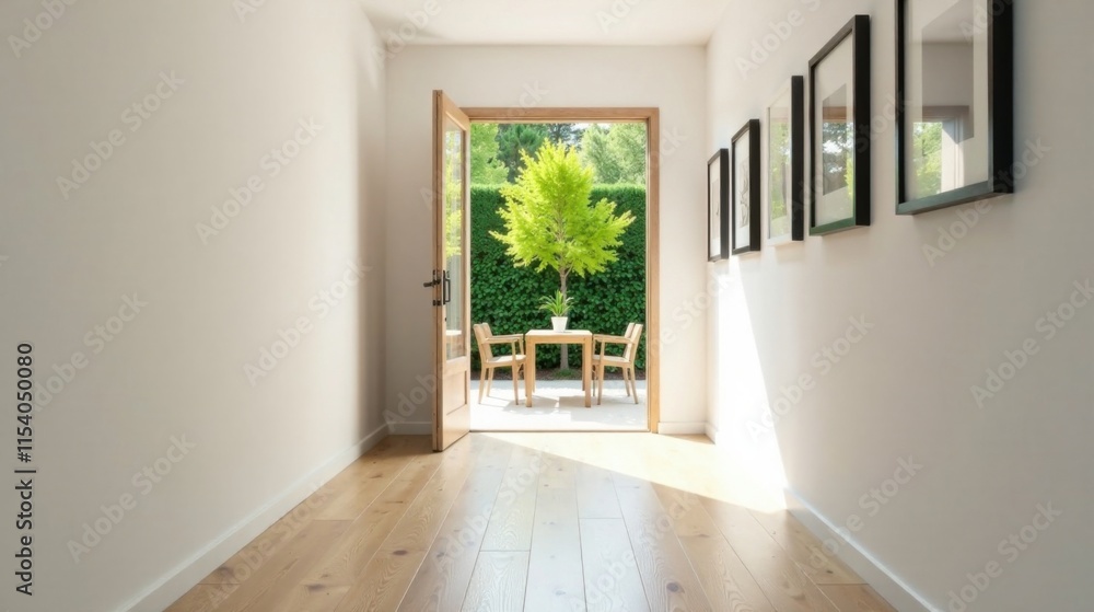 Sunlit Interior Hallway Leading to a Tranquil Outdoor Patio with Greenery and Simple Wooden Furniture Sunlit Interior Hallway Leading to a Tranquil Outdoor Patio with Greenery and Simple Wooden Furniture
