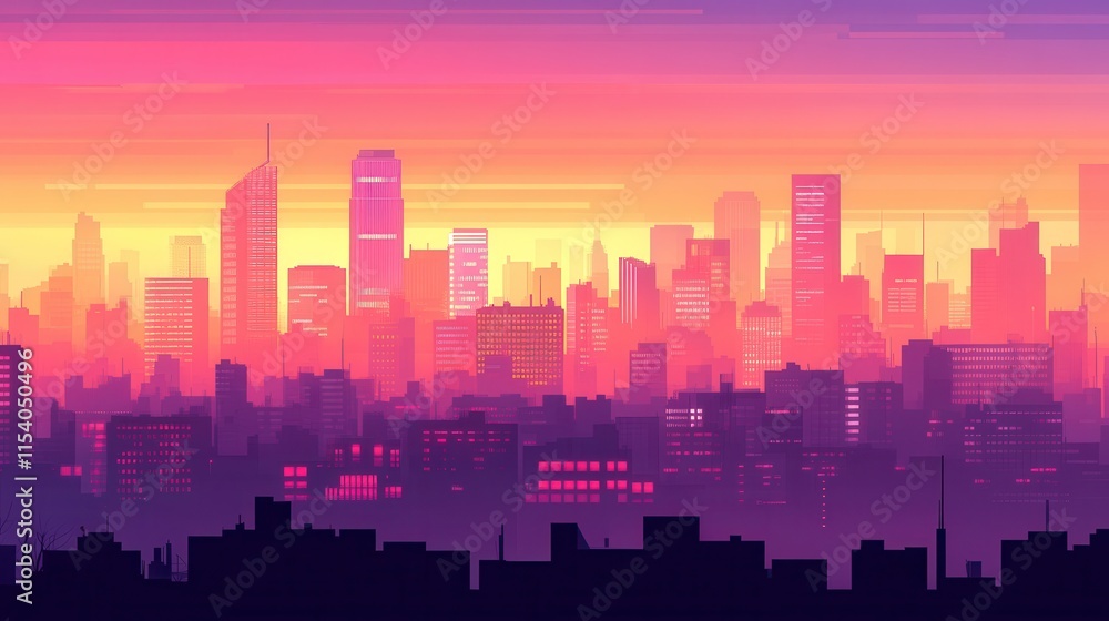 Vibrant Cityscape at Sunset with Bright Color Gradients Depicting a Modern Urban Skyline Under a Sky of Pink, Orange, and Purple Hues in a Dreamlike Atmosphere Vibrant Cityscape at Sunset with Bright Color Gradients Depicting a Modern Urban Skyline Under a Sky of Pink, Orange, and Purple Hues in a Dreamlike Atmosphere