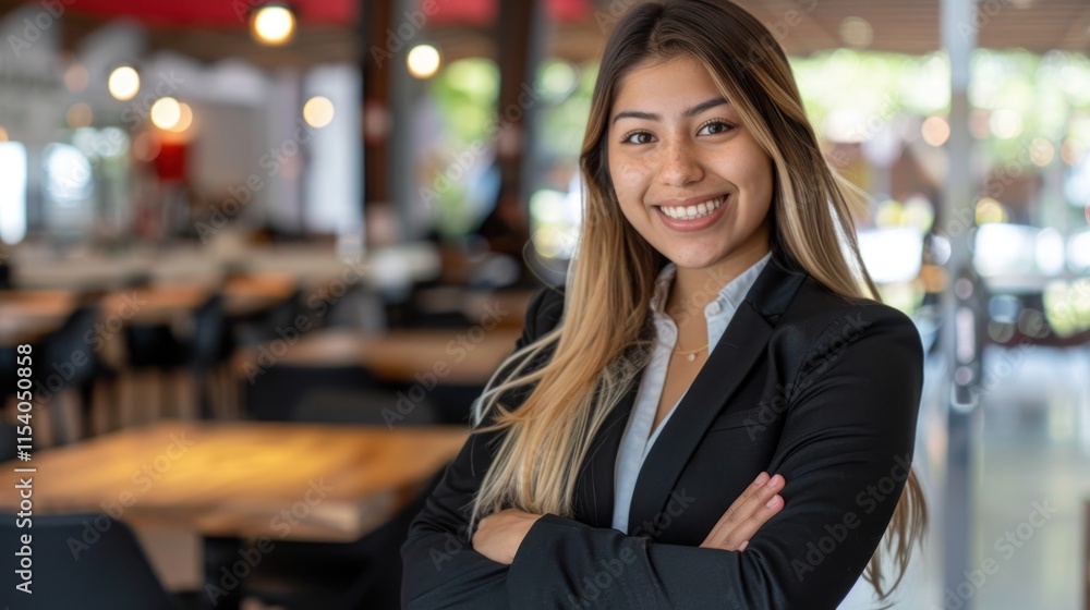 Confident young businesswoman smiling in cafe. Confident young businesswoman smiling in cafe.