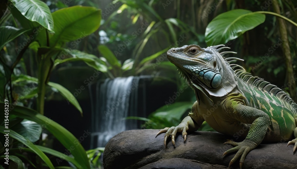 Fototapeta premium Close-up of a tropical iguana perched on a mossy log, surrounded by verdant leaves and a cascading waterfall, embodying the essence of exotic wildlife