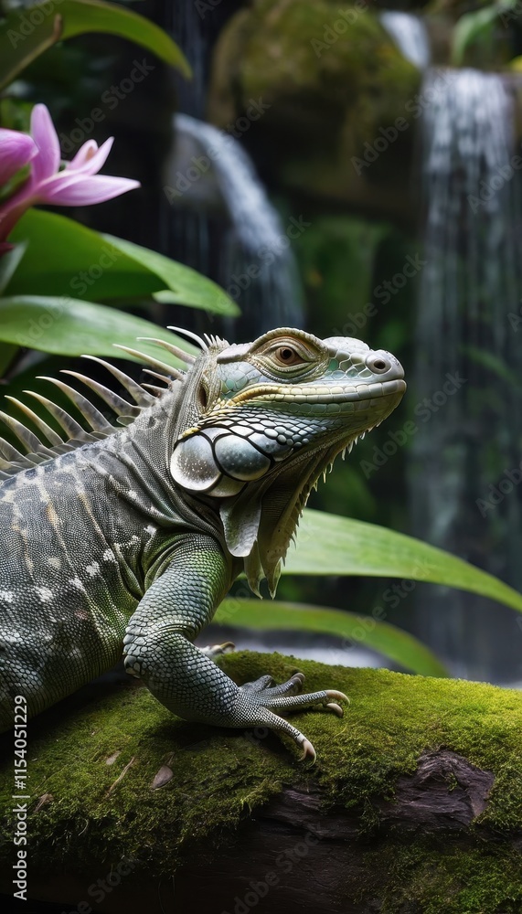 Fototapeta premium A majestic iguana basking in the tropical jungle, with a tranquil waterfall and vibrant greenery creating a perfect natural backdrop for this colorful reptile.