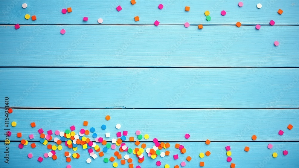 Brightly colored confetti scattered on a light blue wood background, perfect for festive celebrations and announcements