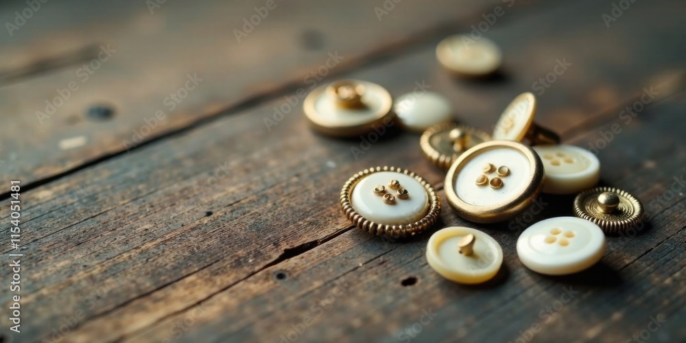 Elegant white and gold buttons scattered on rustic wooden surface, showcasing intricate detailing and a vintage aesthetic. Elegant white and gold buttons scattered on rustic wooden surface, showcasing intricate detailing and a vintage aesthetic.