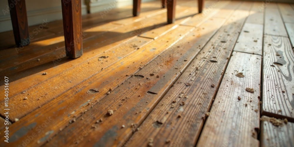 Sunlit hardwood floor with dust and debris, showing wear and tear from age and use Sunlit hardwood floor with dust and debris, showing wear and tear from age and use