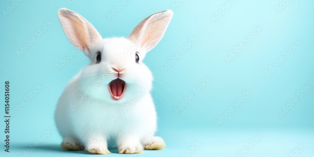 Obraz premium A fluffy white rabbit with large floppy ears radiates joy against a calming blue background, embodying the enchanting spirit of Easter and the essence of spring with its vibrant nature